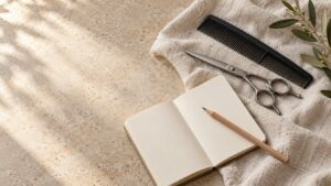 Peine, tijeras y cuaderno sobre lino claro para preparar una consulta de corte.